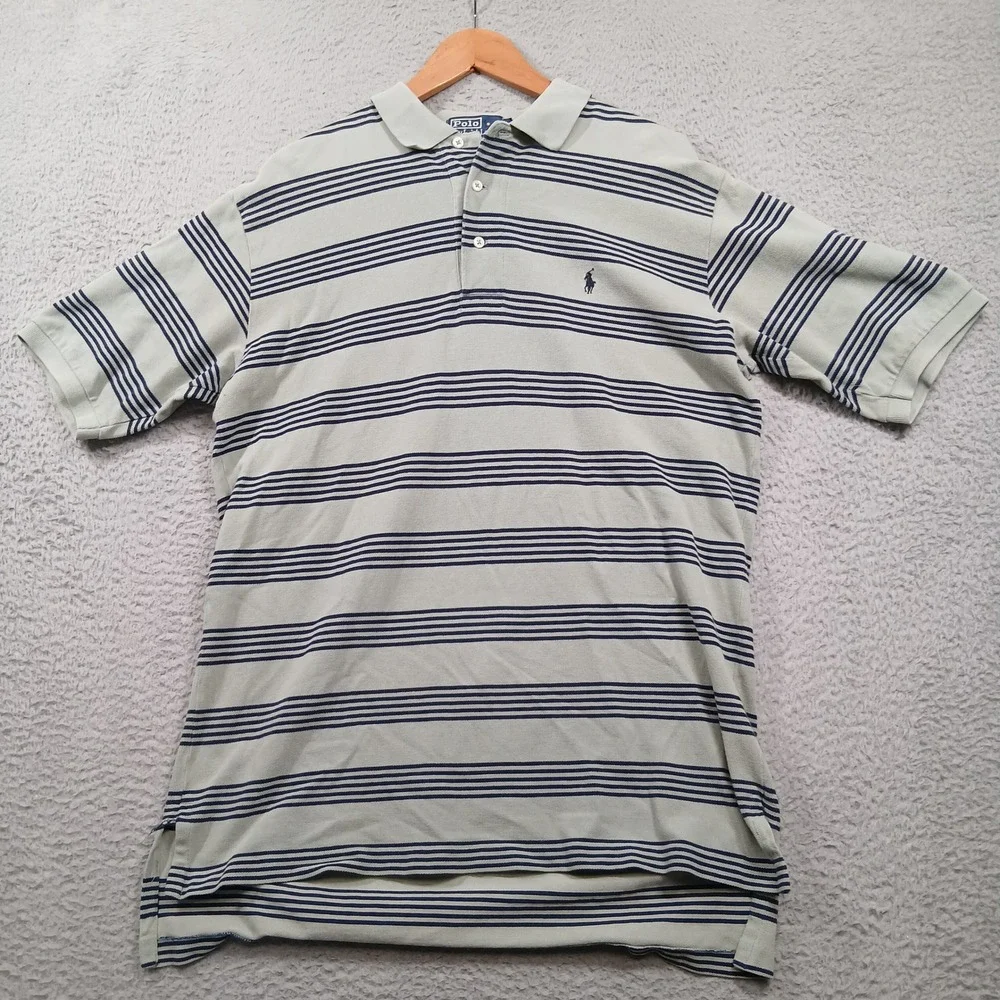 Polo Ralph Lauren‎ Polo Shirt Mens Large Cream Blue Stripe Short Sleeve